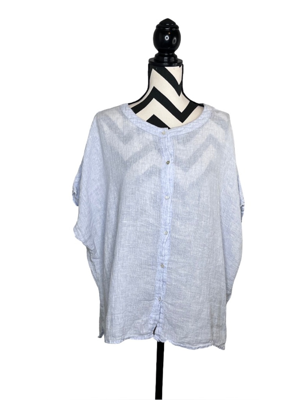 Tahari Sz M 100% Linen Short-Sleeve Oversized Boxy Button Front Tunic Top